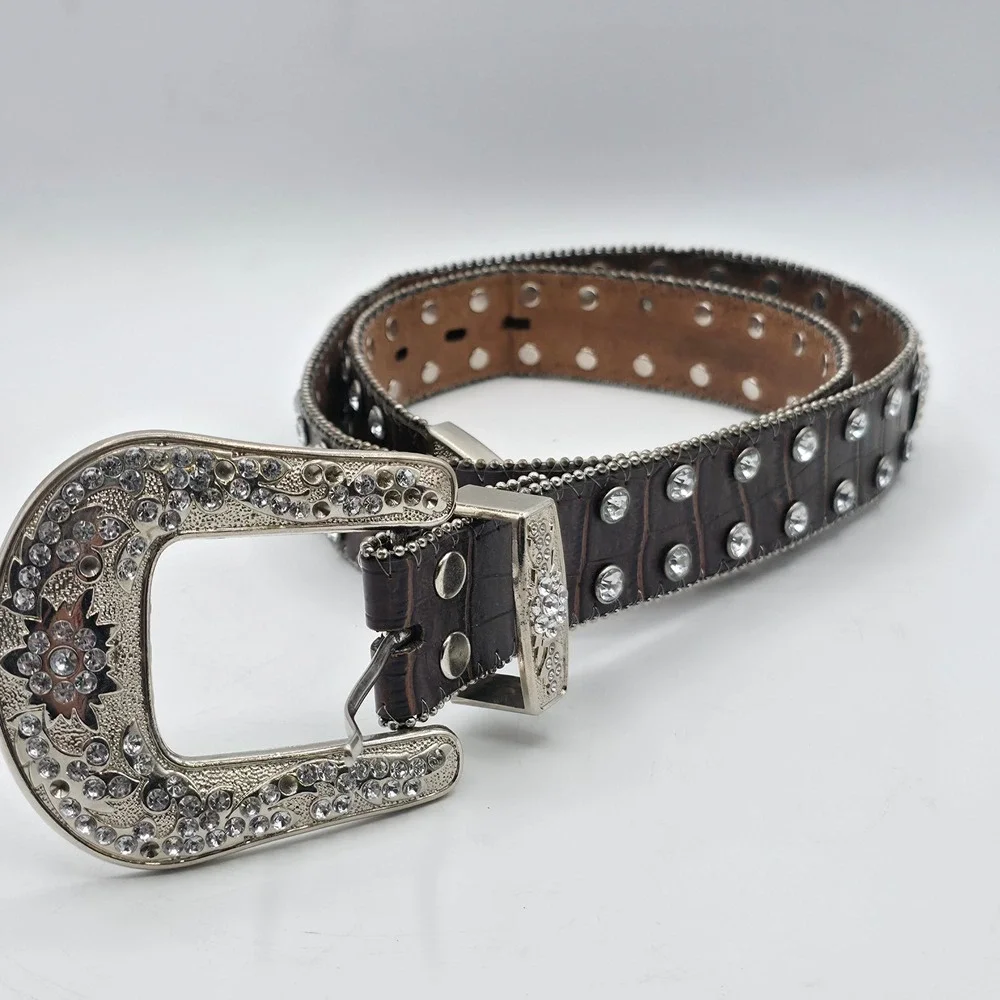 Unbranded Western Belt Womens XL‎ Brown Rhinestone Bling Croc Embossed Cowgirl